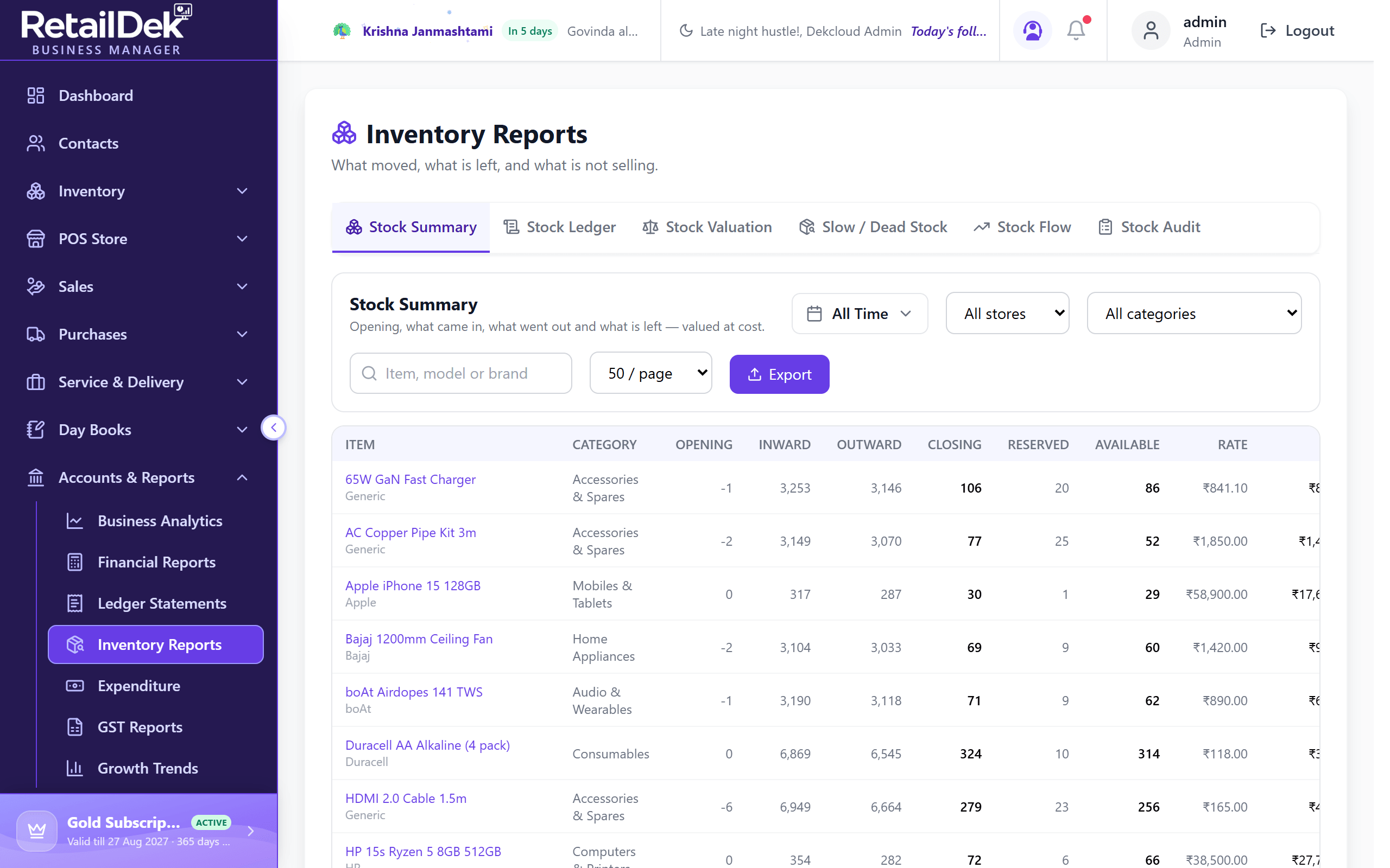 The Inventory Reports screen on the Stock Summary tab with store, category, and search filters and columns for opening, inward, outward, closing, and value.