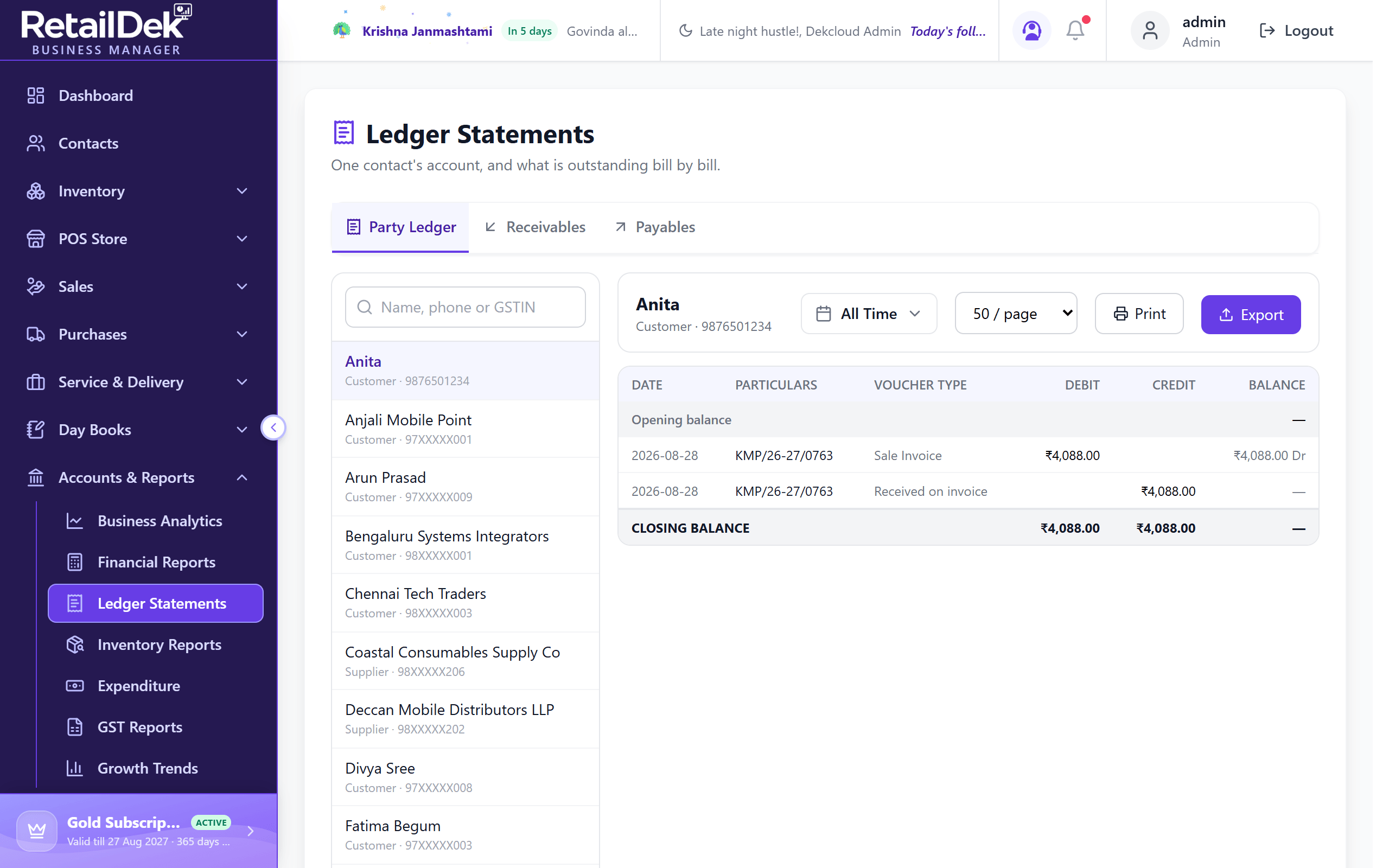 The Ledger Statements screen with the contact list on the left and a running statement of debits, credits, and balance on the right.