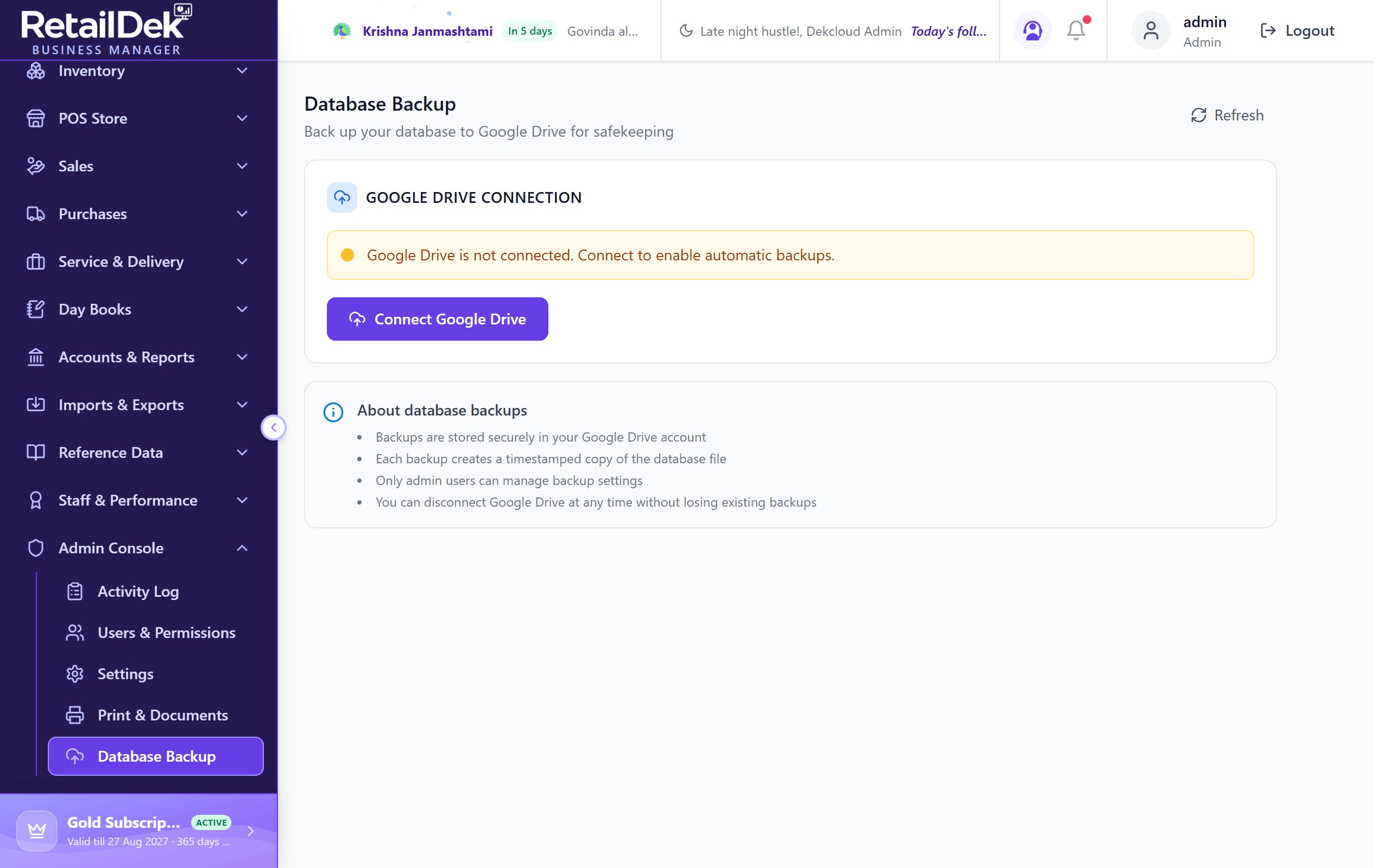 The Database Backup screen showing the Google Drive connection card with its status and actions.