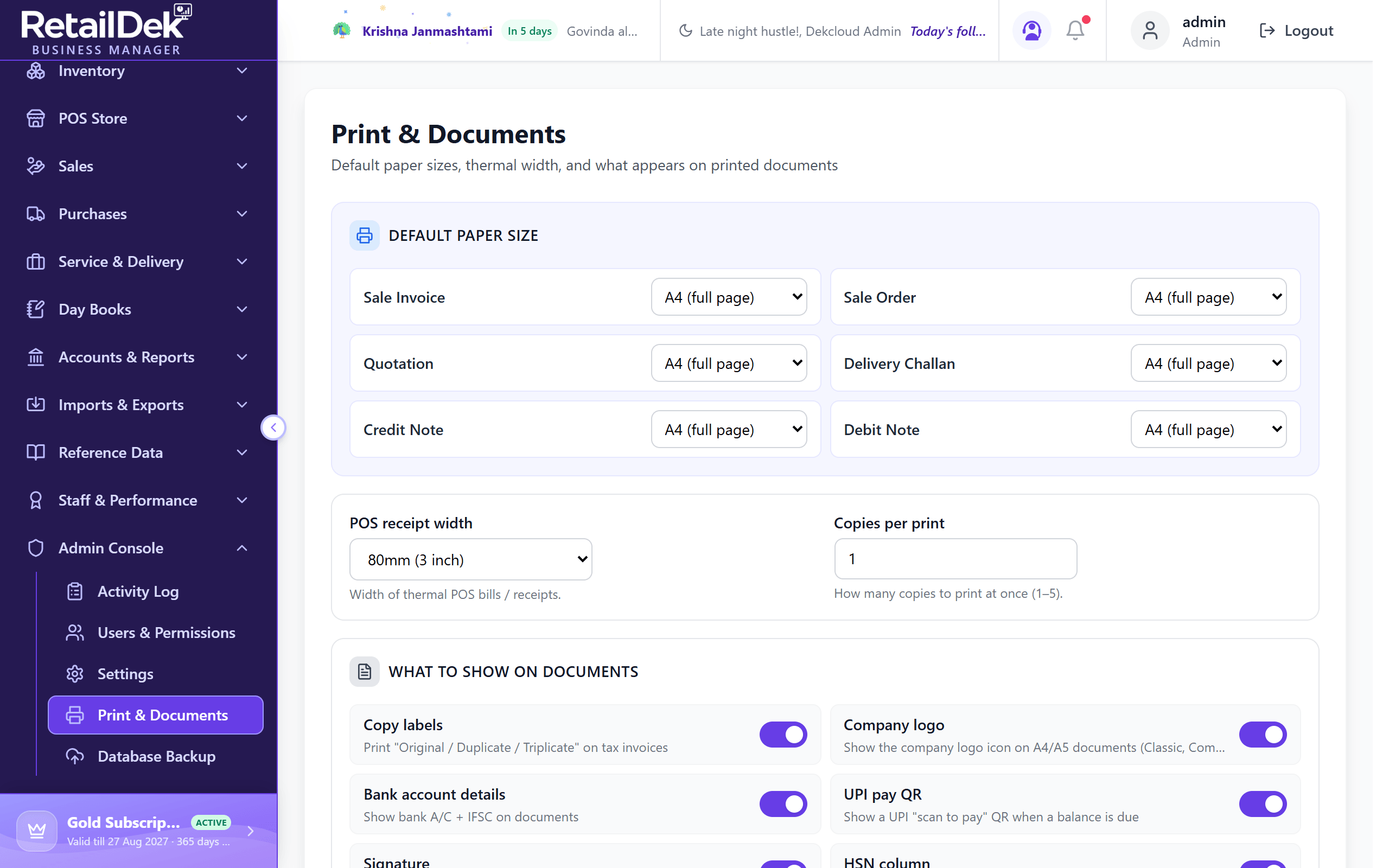 The Print & Documents screen with per-document paper size selects, content toggles, and a live document preview.
