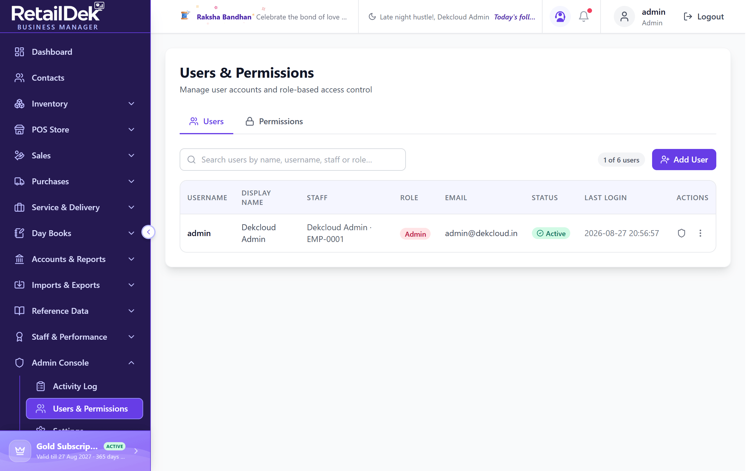 The Users tab with search, the seat counter, and the users table showing username, staff link, role, status, and last login.