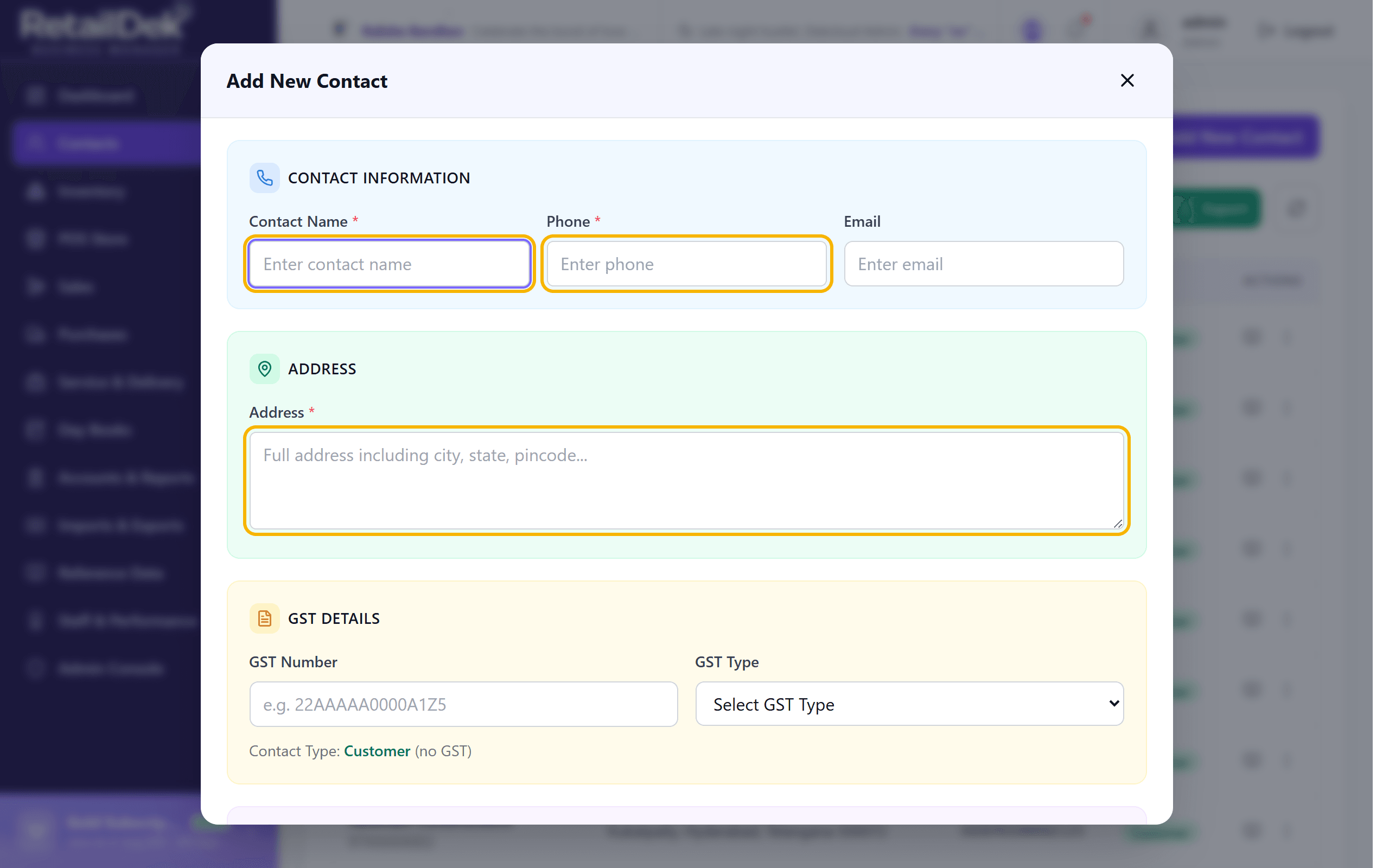 The Add New Contact dialog with the required Contact Name, Phone, and Address fields outlined in yellow, above the GST Details and Ledger sections.