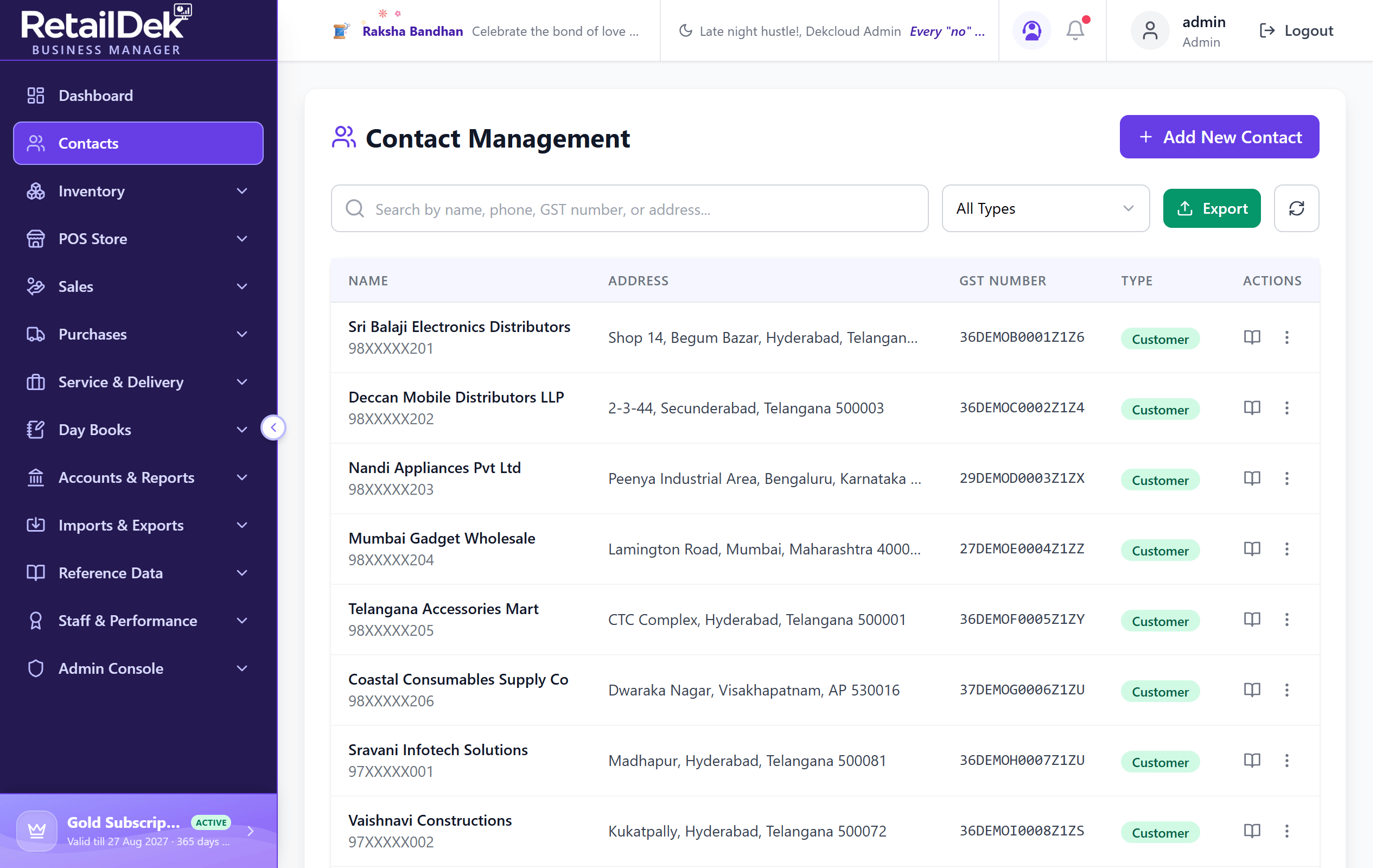 Contact Management screen with a table of contacts showing names with phone numbers, addresses, GST numbers, and green Customer type badges. Above the table are a search box, an All Types filter dropdown, a green Export button, a refresh button, and an Add New Contact button.