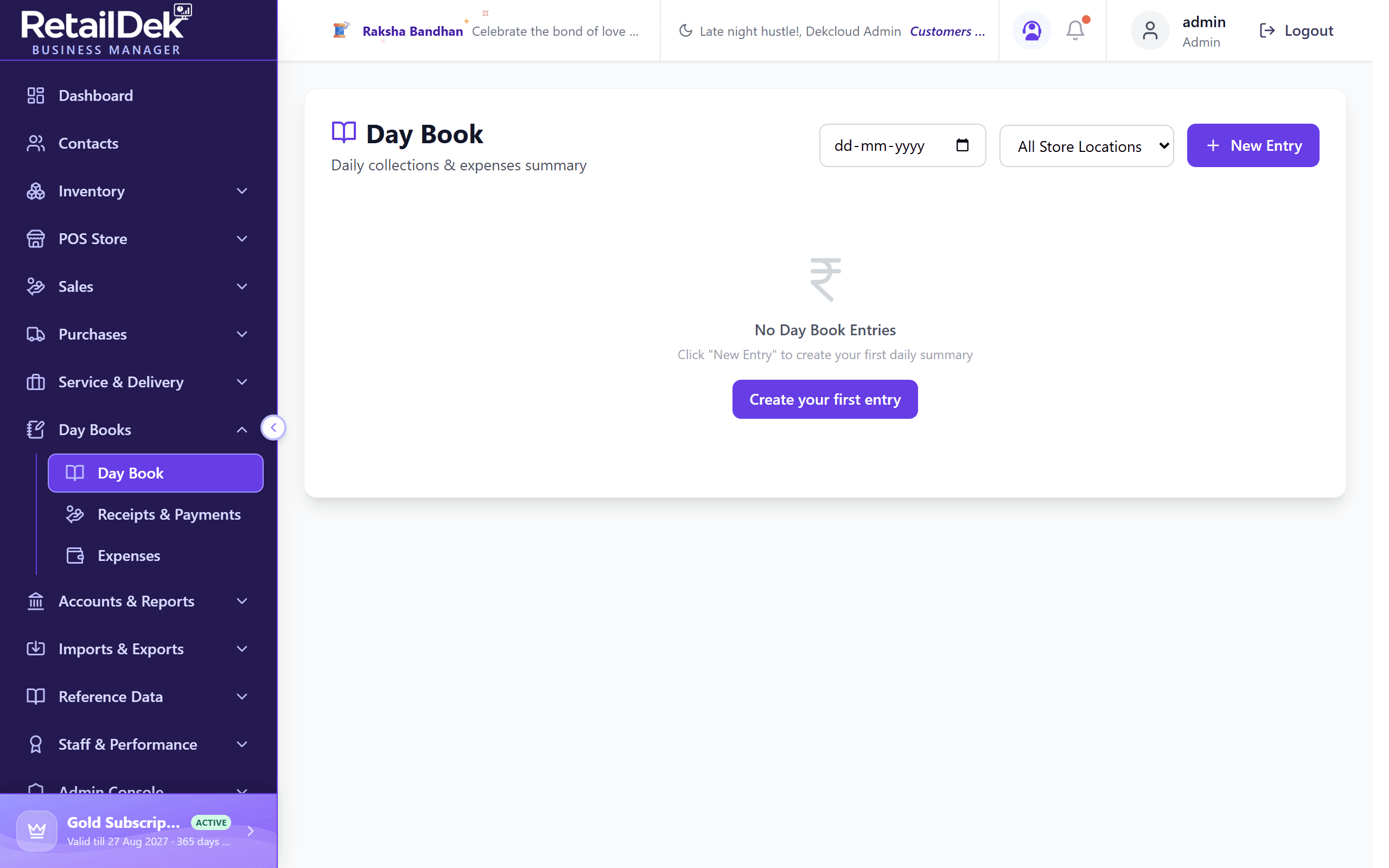 The Day Book screen with a date filter, store location filter, New Entry button, and the saved entries table showing date, store, collections, expenses, net, and closing balance columns.