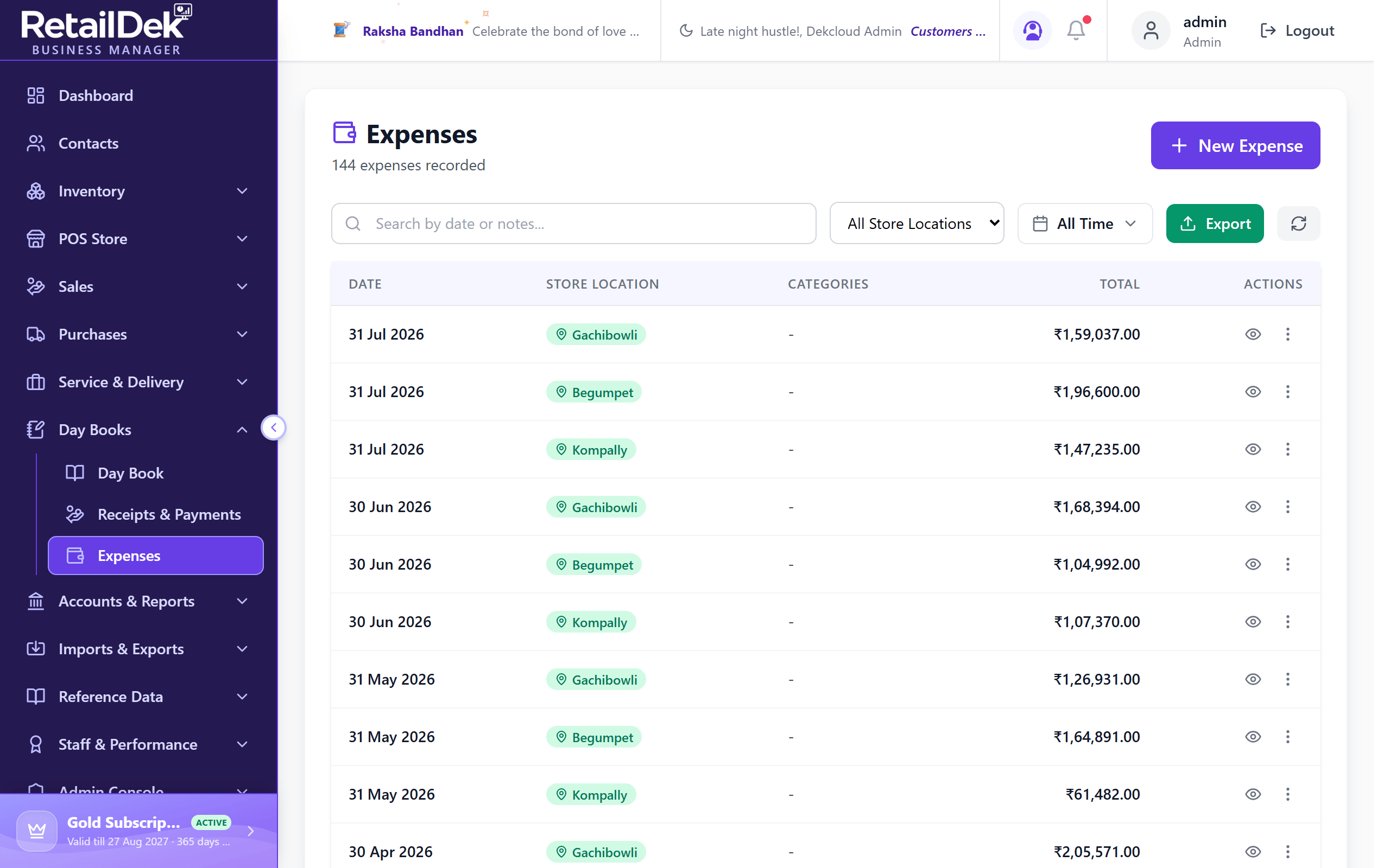 The Expenses list with search, store and date filters, and a table of expenses showing date, store location, categories, and total.
