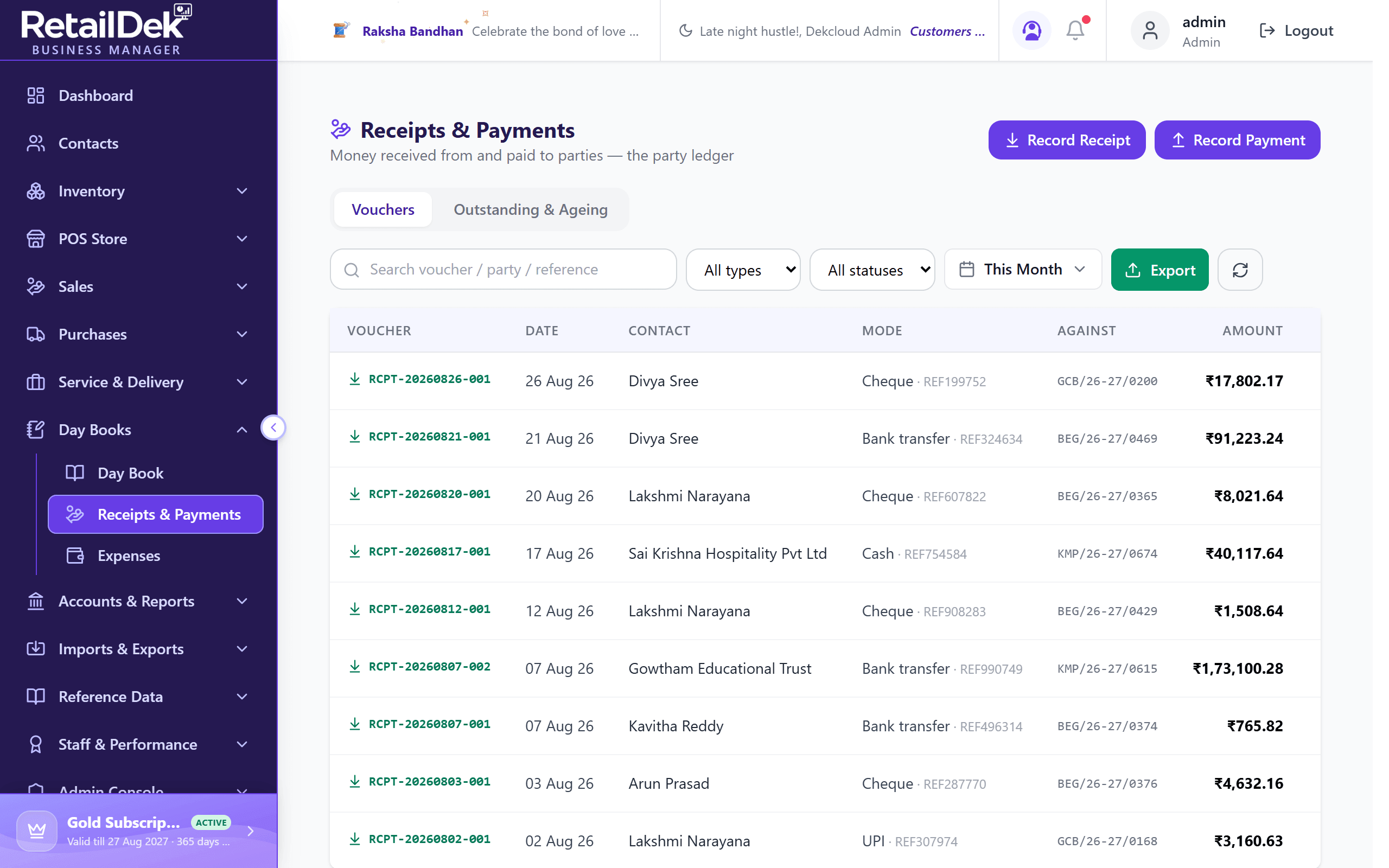 The Receipts & Payments screen on the Vouchers tab with search, type and status filters, a date range, and the voucher table showing voucher number, date, contact, mode, linked invoice, and amount.