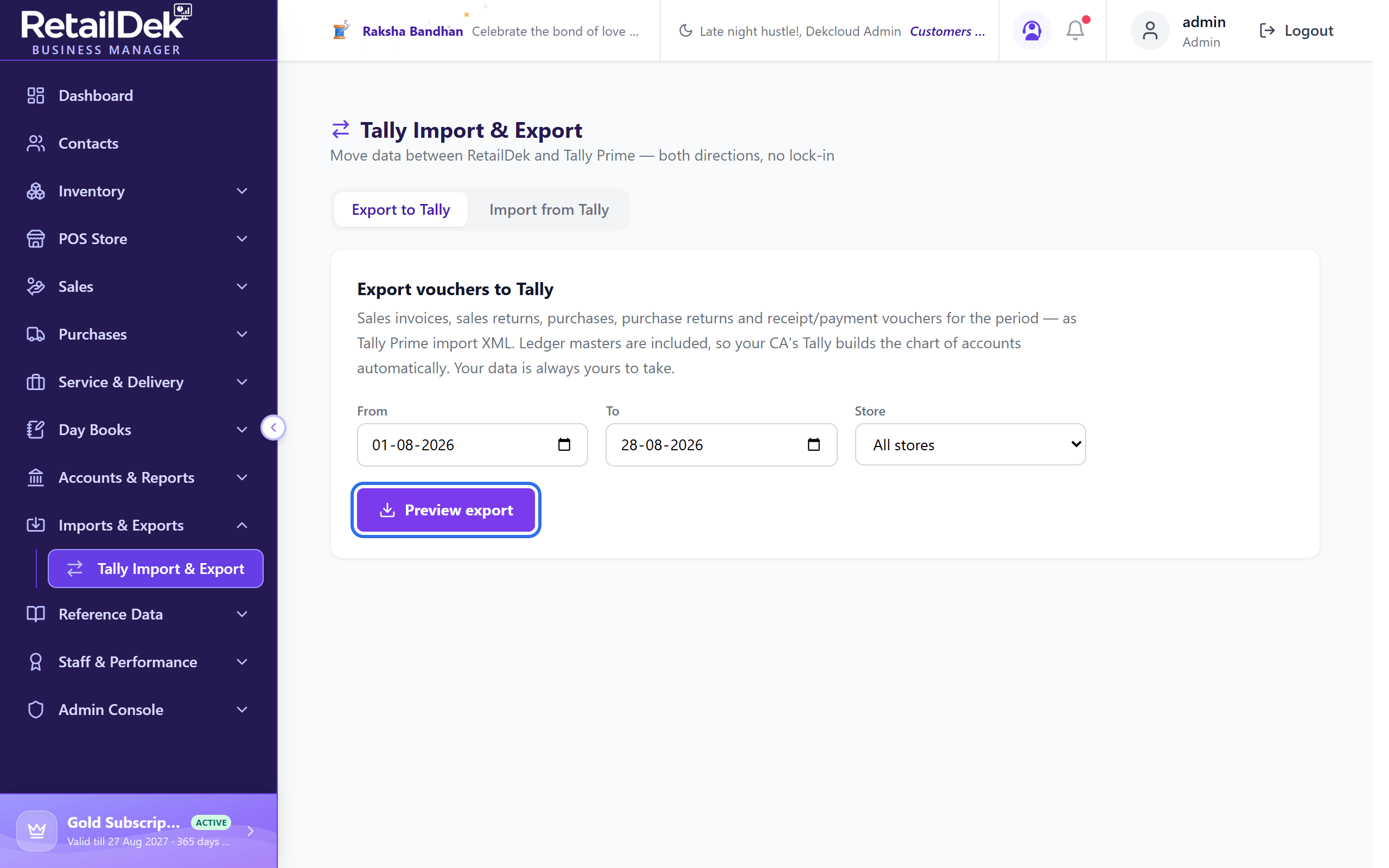 The Tally Import & Export screen on the Export to Tally tab, with from and to date fields, a store selector, and the preview button.
