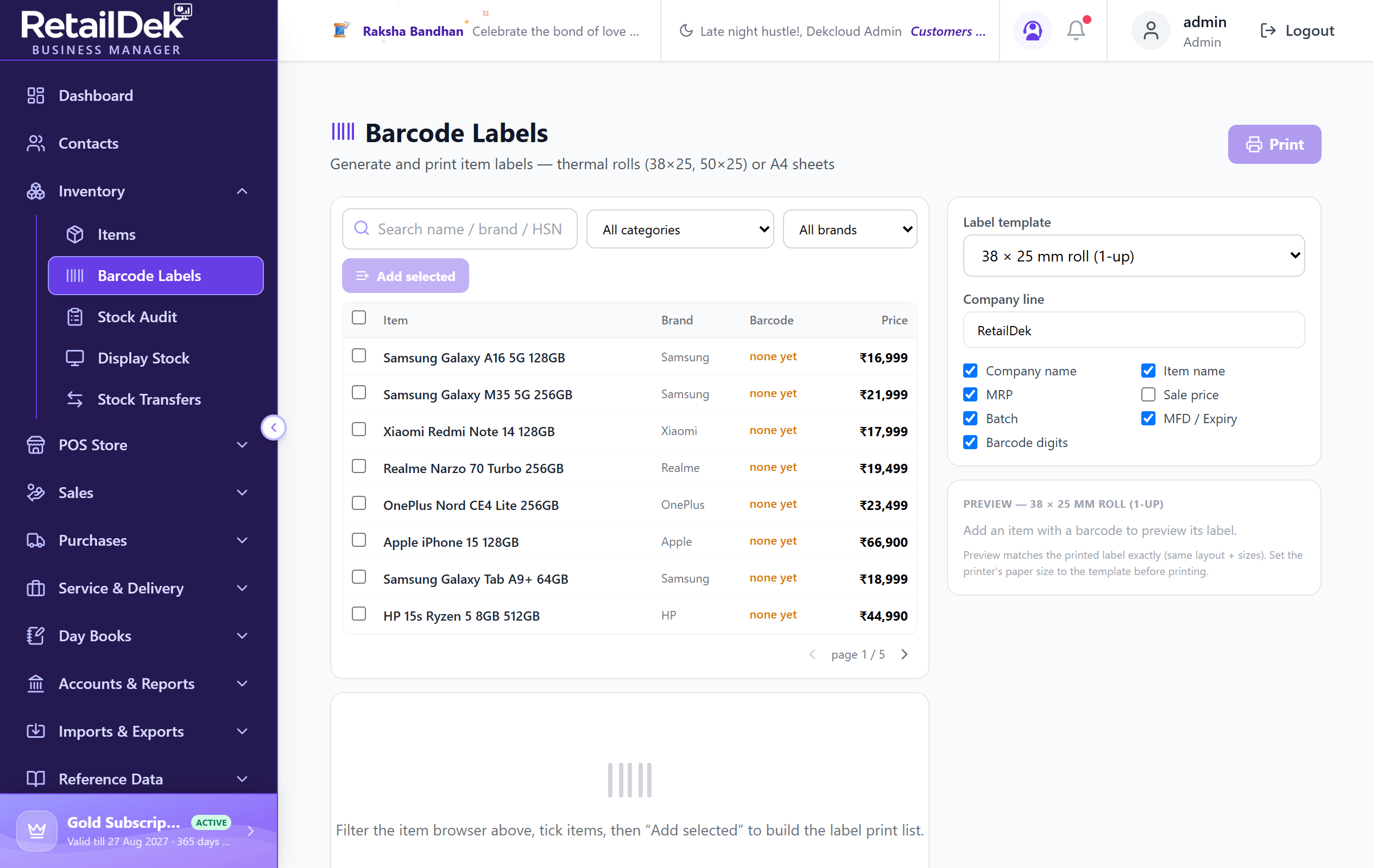 The Barcode Labels screen with the item browser and filters on the left above the label print list, and the template picker with a true-size label preview on the right.