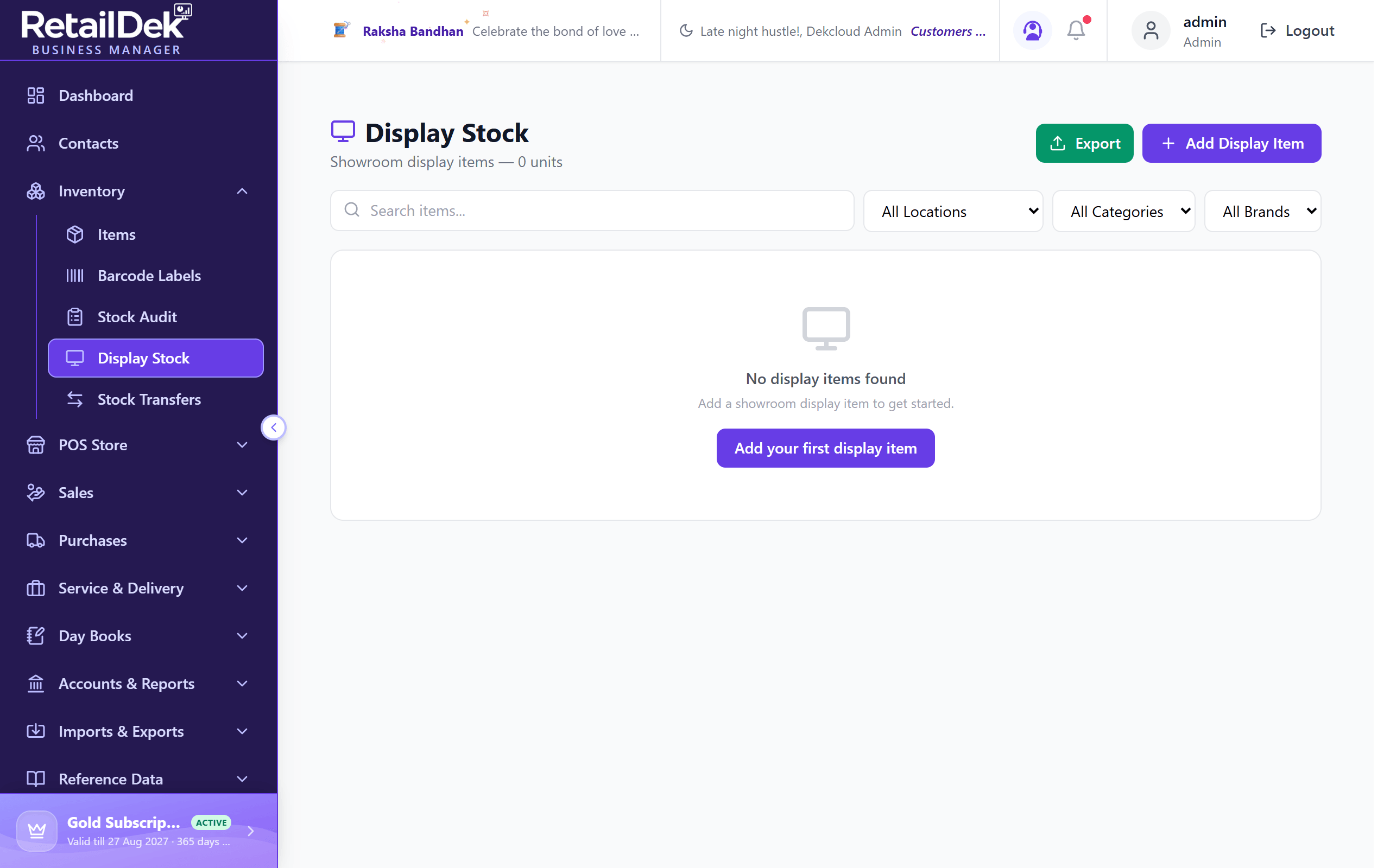The Display Stock list with search and location, category, and brand filters, and columns for item, category, location, quantity, and display price.