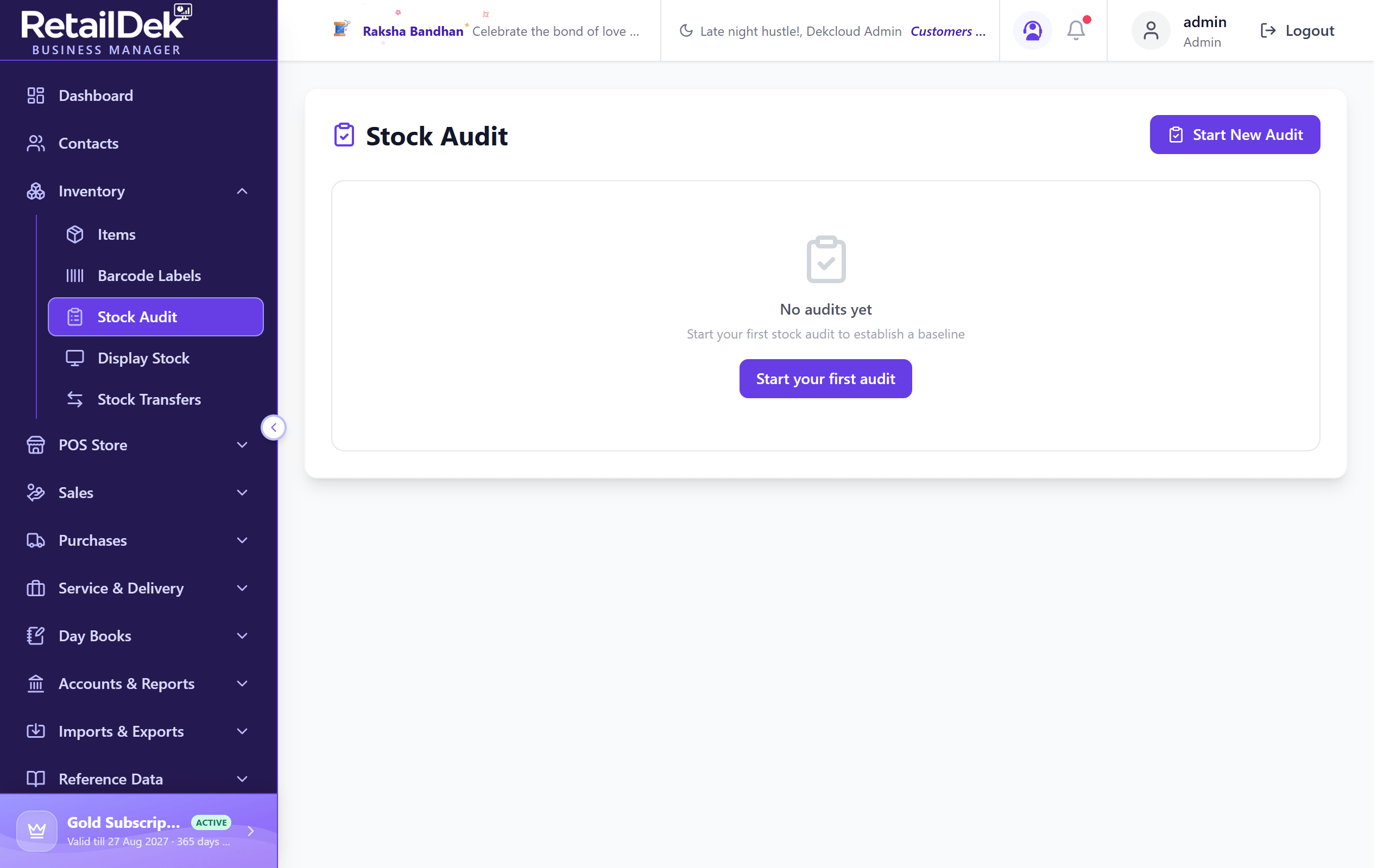 The Stock Audit list with the Start New Audit button and audit cards showing date, status, item counts, shortages with value, and excesses.