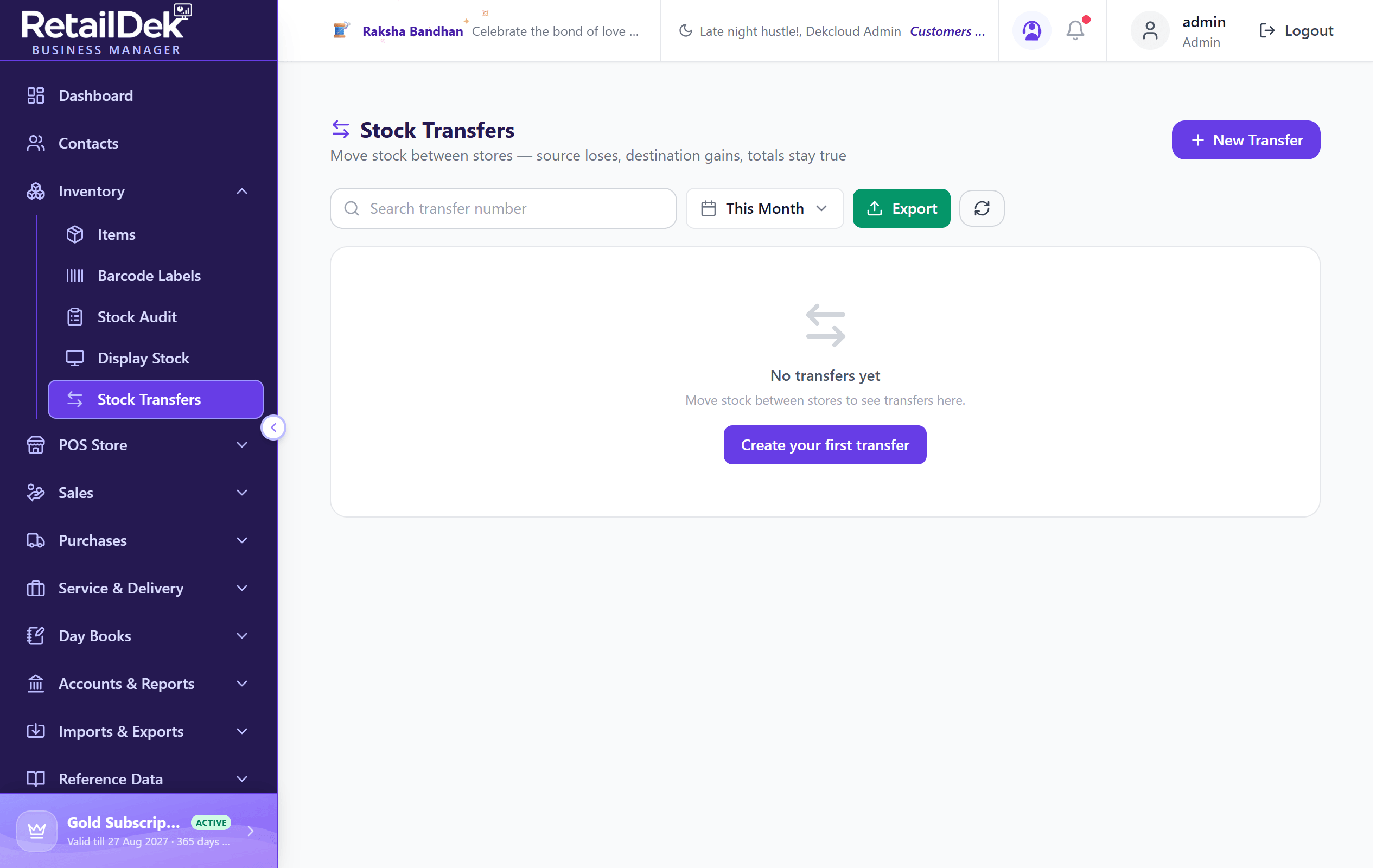 The Stock Transfers list with search, a date filter, and columns for transfer number, date, route, items, quantity, and status.