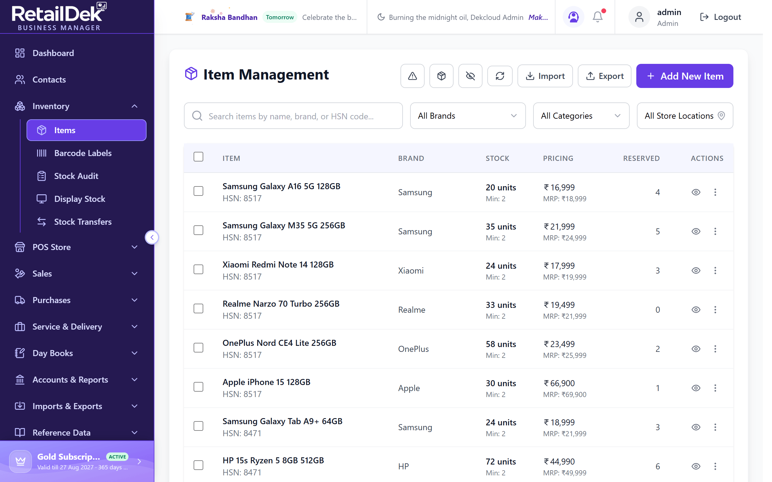 The Items list with search, brand, category, and store filters above the table.