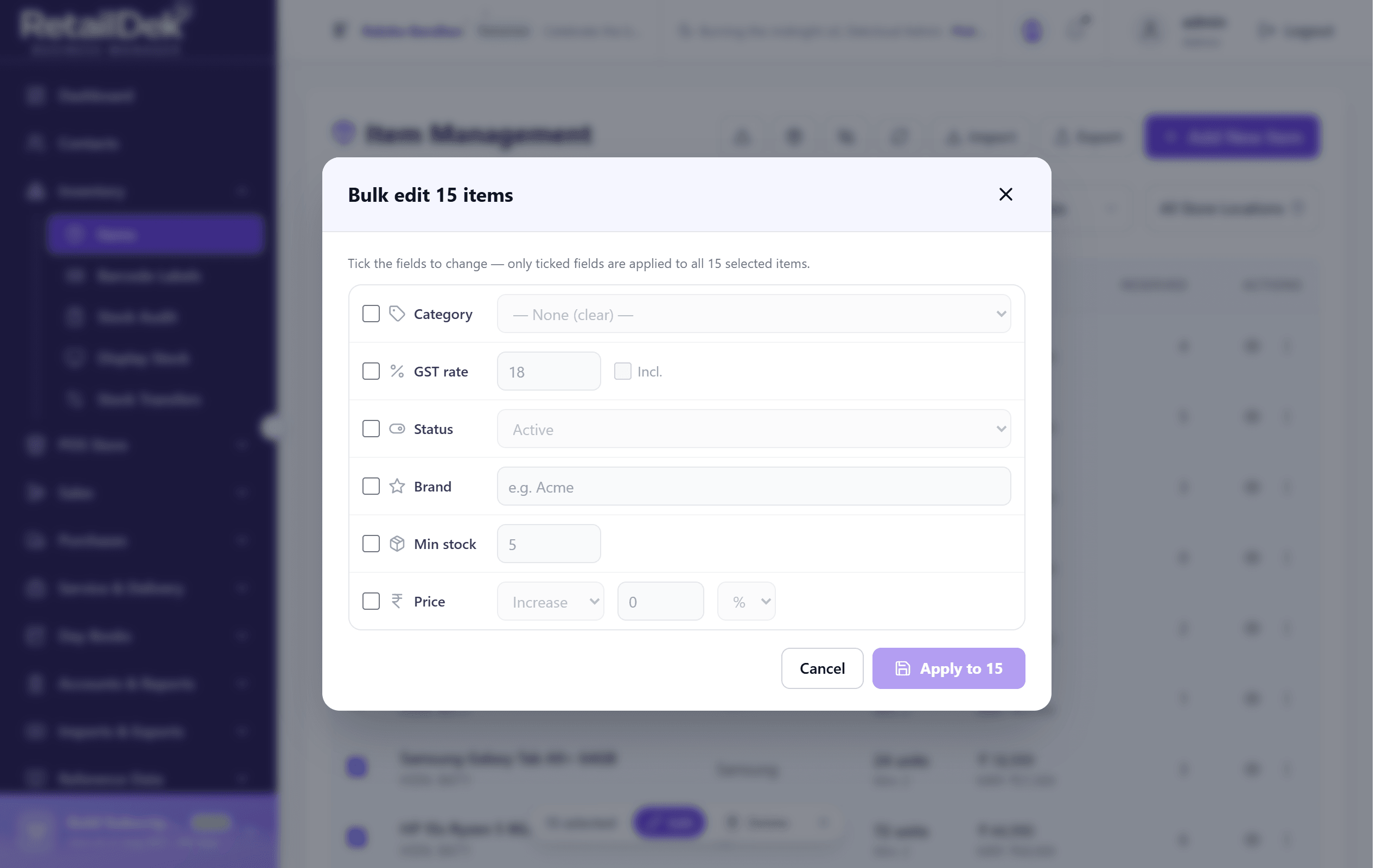 The bulk edit dialog listing six tick-to-change rows: category with a dropdown, GST rate with a number field and an inclusive checkbox, status with an Active or Inactive dropdown, brand with a text field, minimum stock with a number field, and price with a mode dropdown offering Set to, Increase, and Decrease, a value field, and a rupees-or-percent selector. Below the rows are Cancel and Apply buttons.