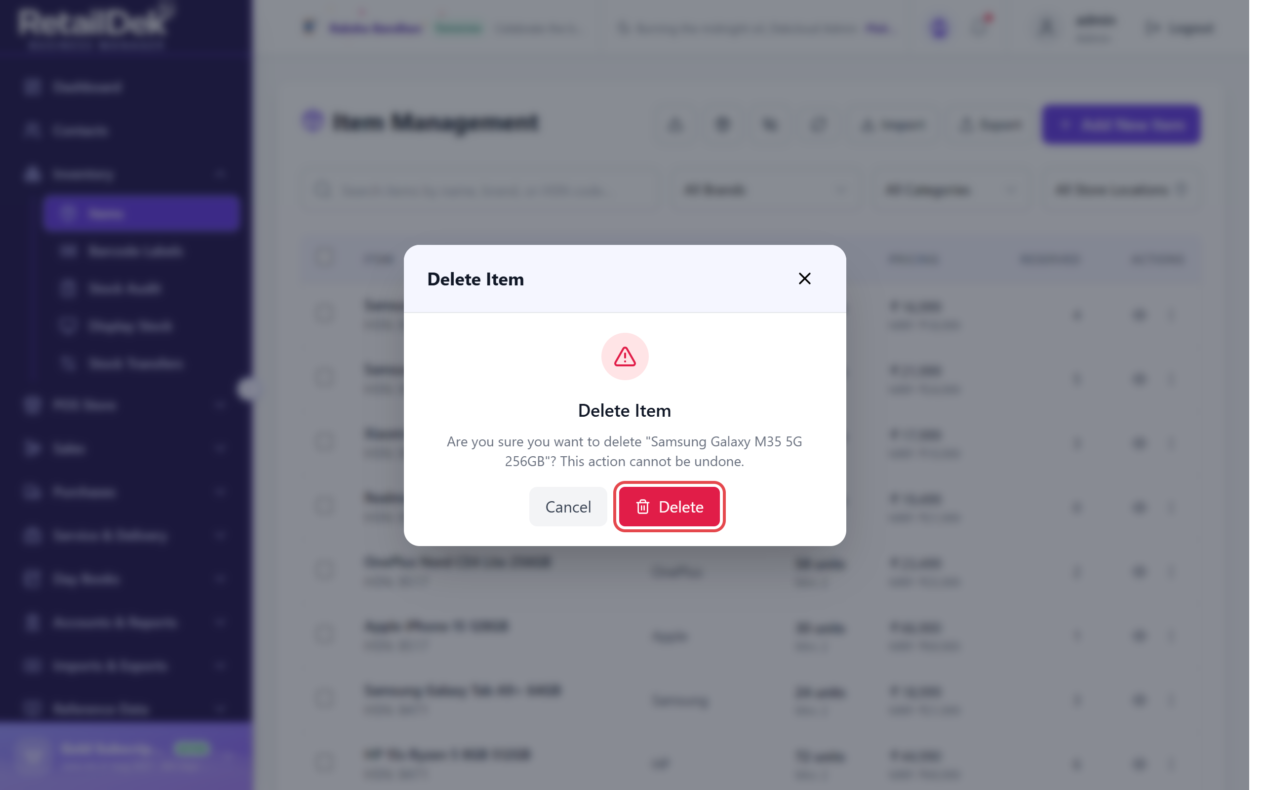 The Delete Item confirmation dialog asking whether to delete the named item, warning that the action cannot be undone, with a Cancel button and the Delete button outlined in red.