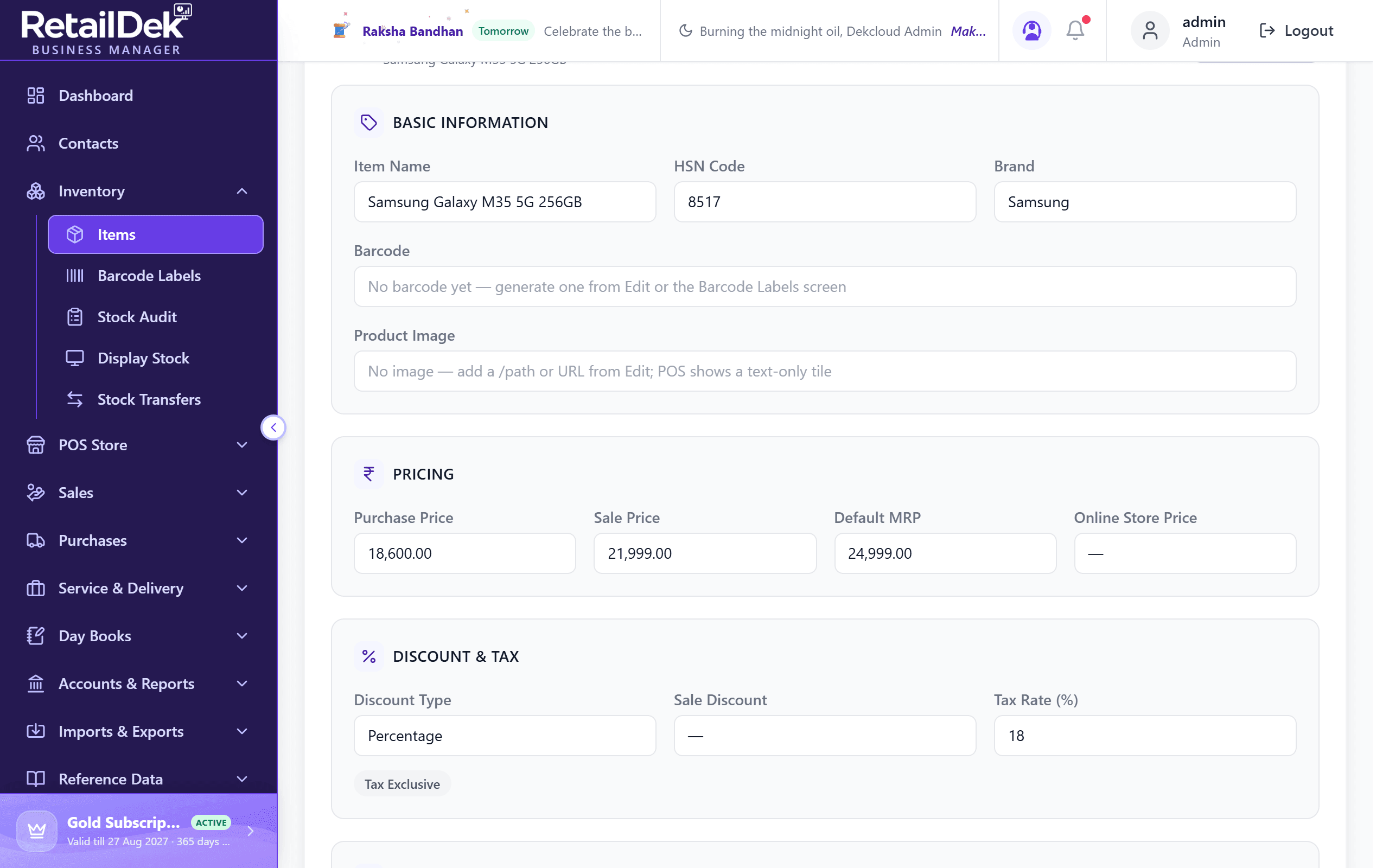 The read-only item view showing basic information with a rendered barcode and product image, pricing, discount and tax, store-location stock with an available column, reporting and status, and a transaction history table of sale orders, sale invoices, and purchase invoices with type and status filter chips.