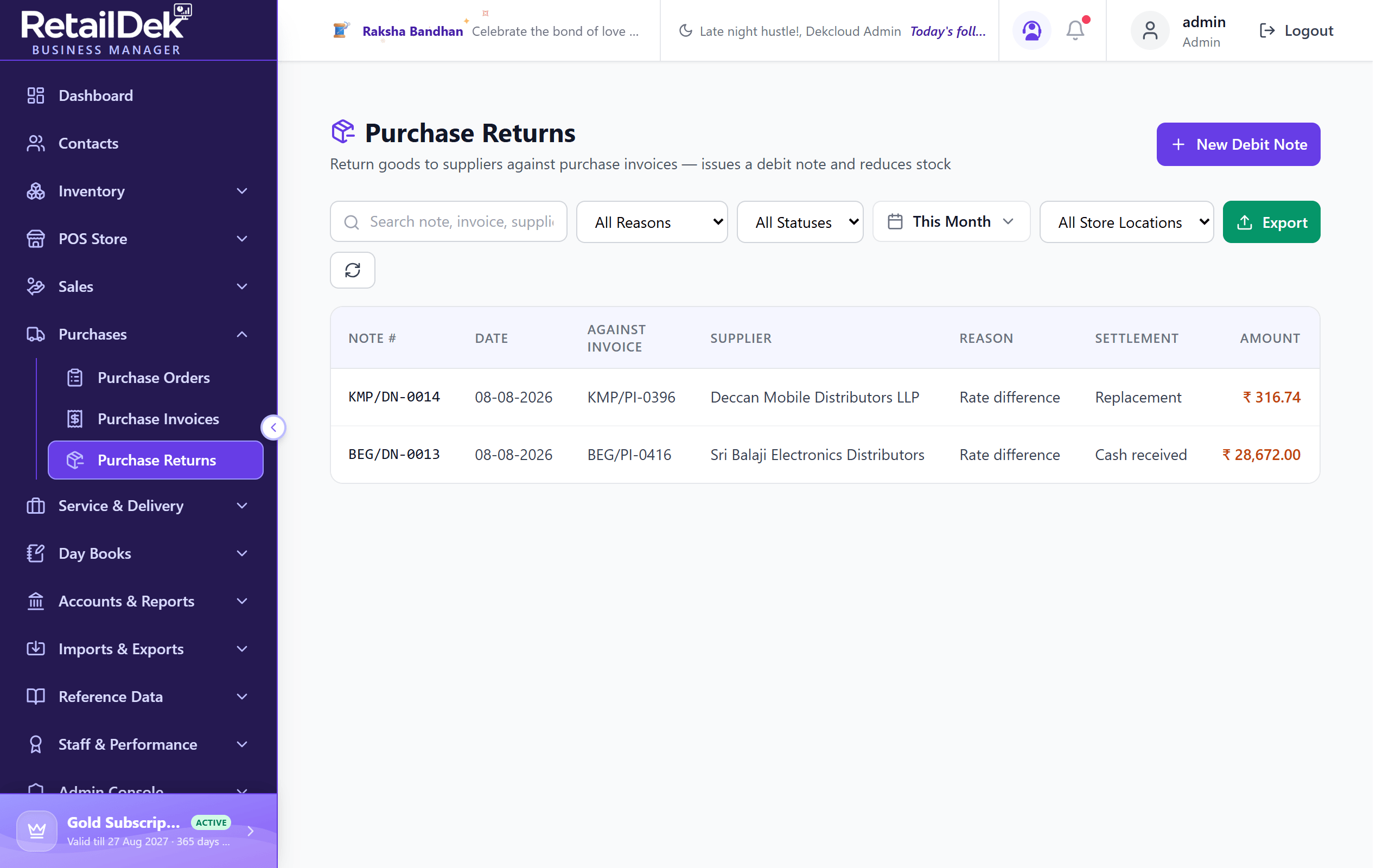 The Purchase Returns list with search, reason, status, date, and store filters, and columns for note number, date, invoice, supplier, reason, settlement, amount, and status.