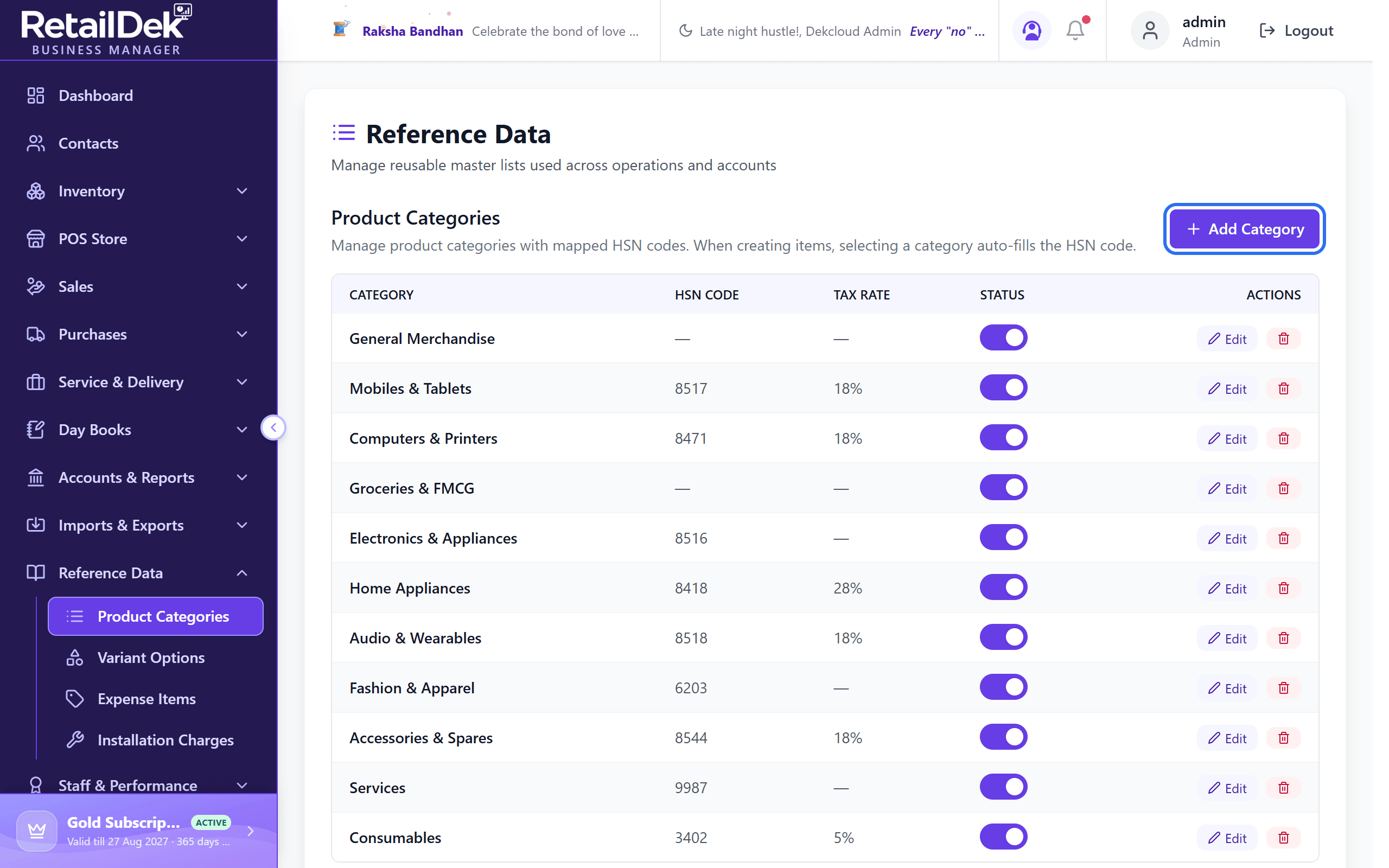 The Product Categories list with columns for category, HSN code, tax rate, an active status toggle, and edit and delete actions, with the Add Category button outlined in blue.