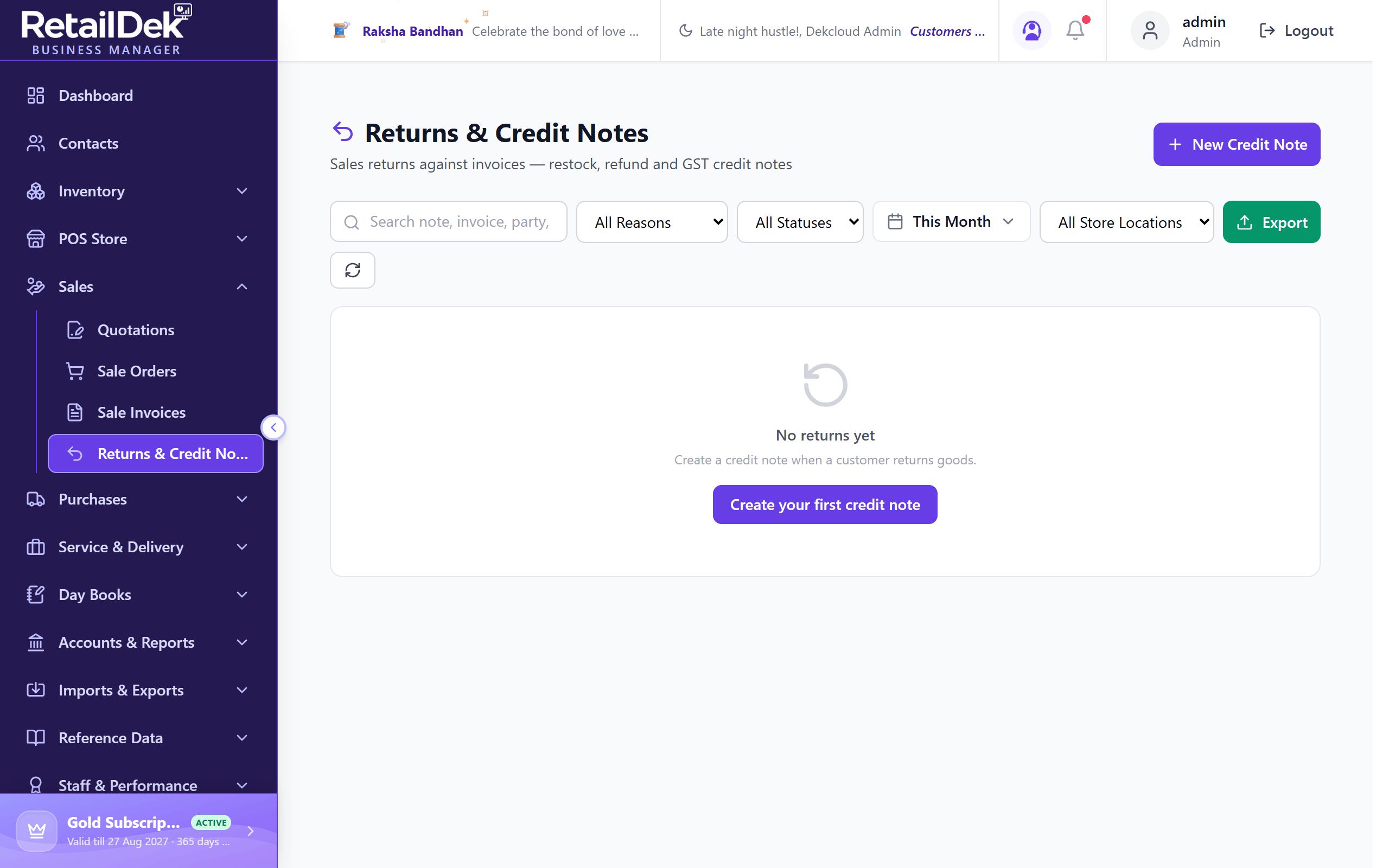 The Returns & Credit Notes list with search, reason, status, date, and store filters, and columns for note number, date, invoice, contact, reason, refund, amount, and status.