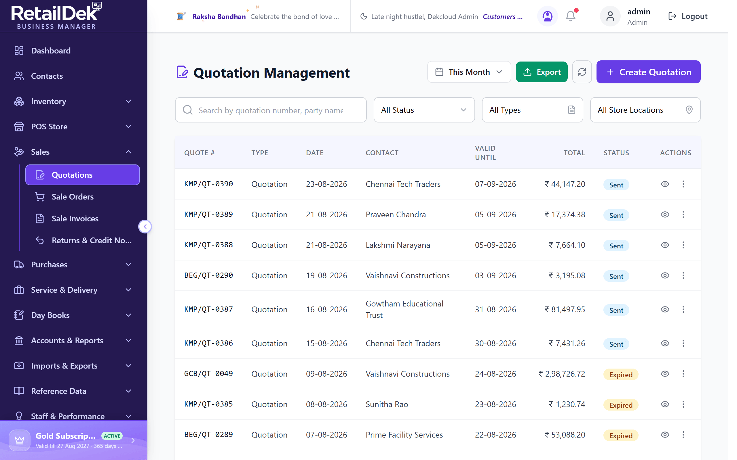 The Quotation Management list with search, status, type, store, and date filters, and columns for quote number, type, date, contact, valid until, total, and status.