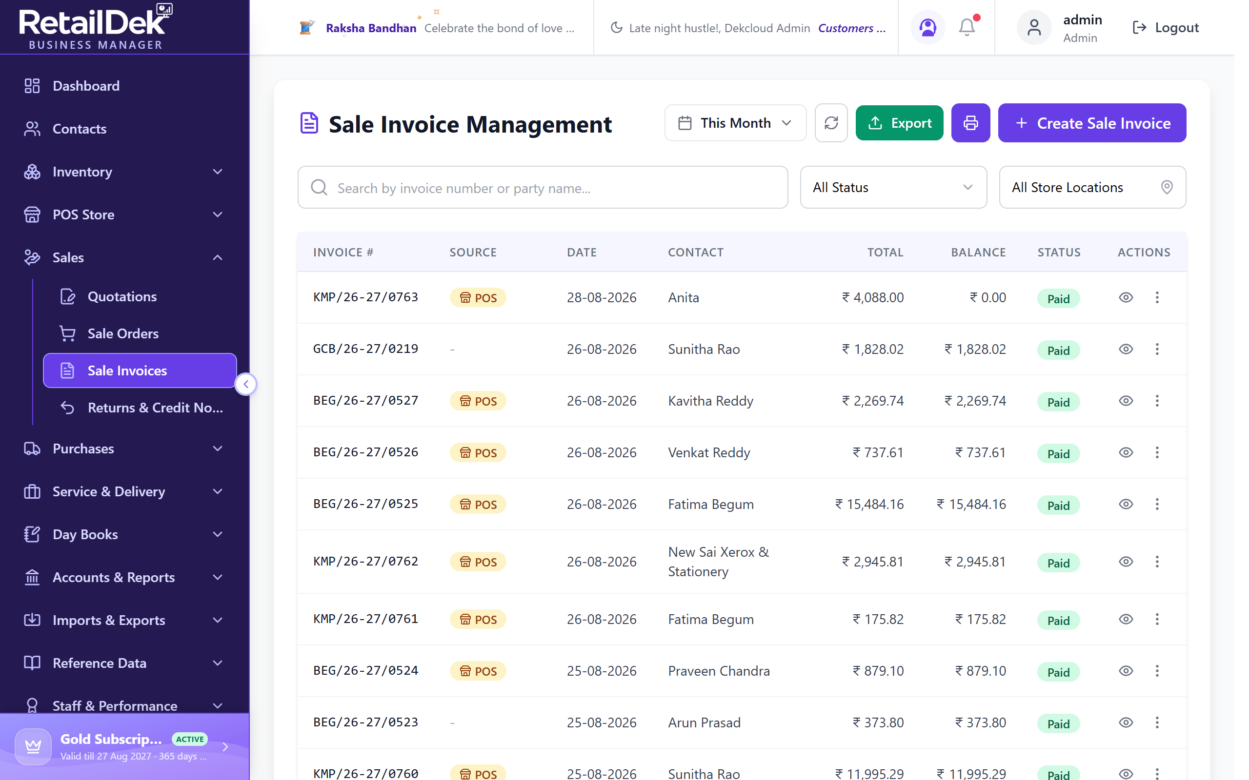 The Sale Invoice Management list with search, status, store, and date filters, and columns for invoice number, source, date, contact, total, balance, and status.