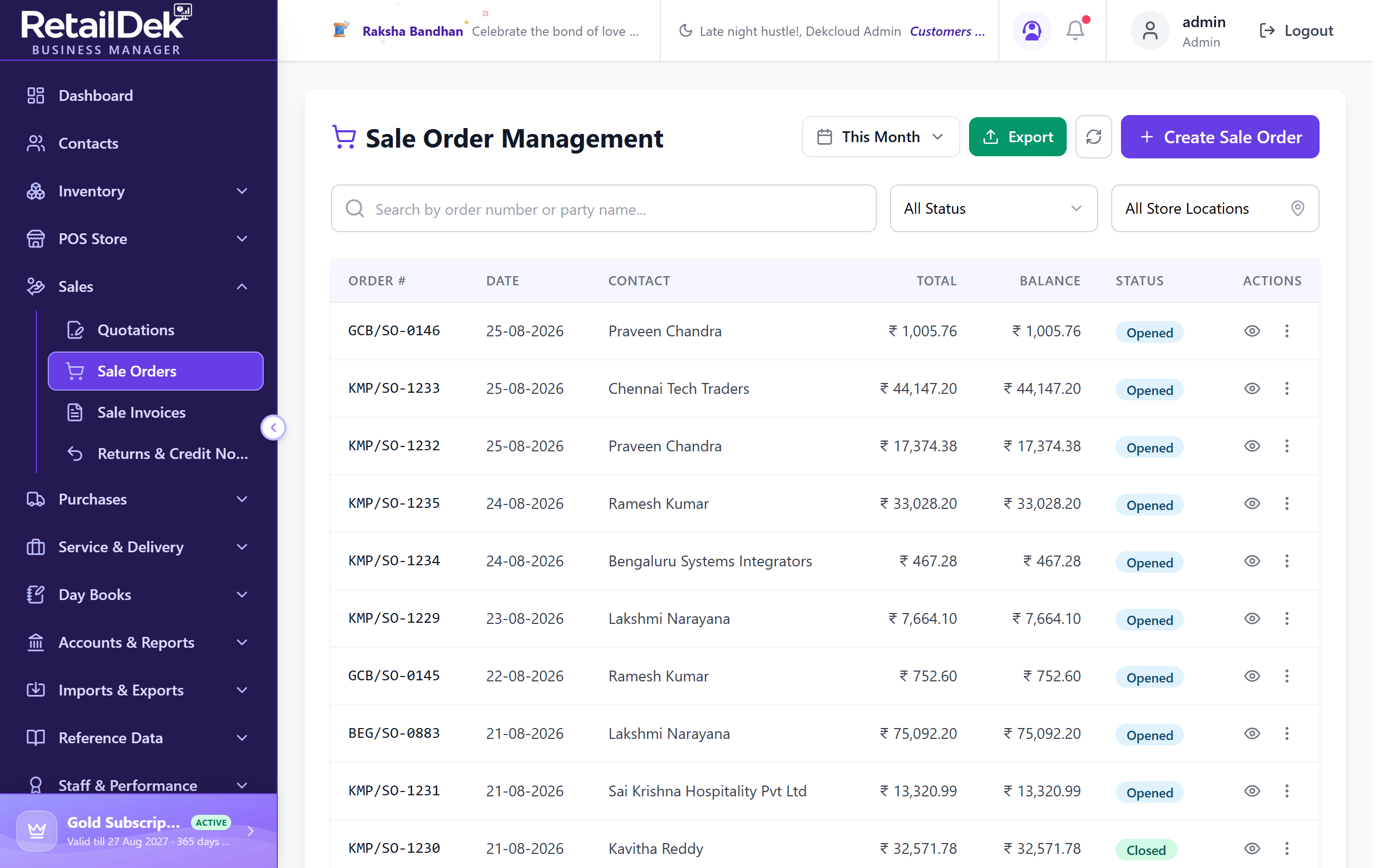 The Sale Order Management list with search, status, store, and date filters, and columns for order number, date, contact, total, balance, and status.