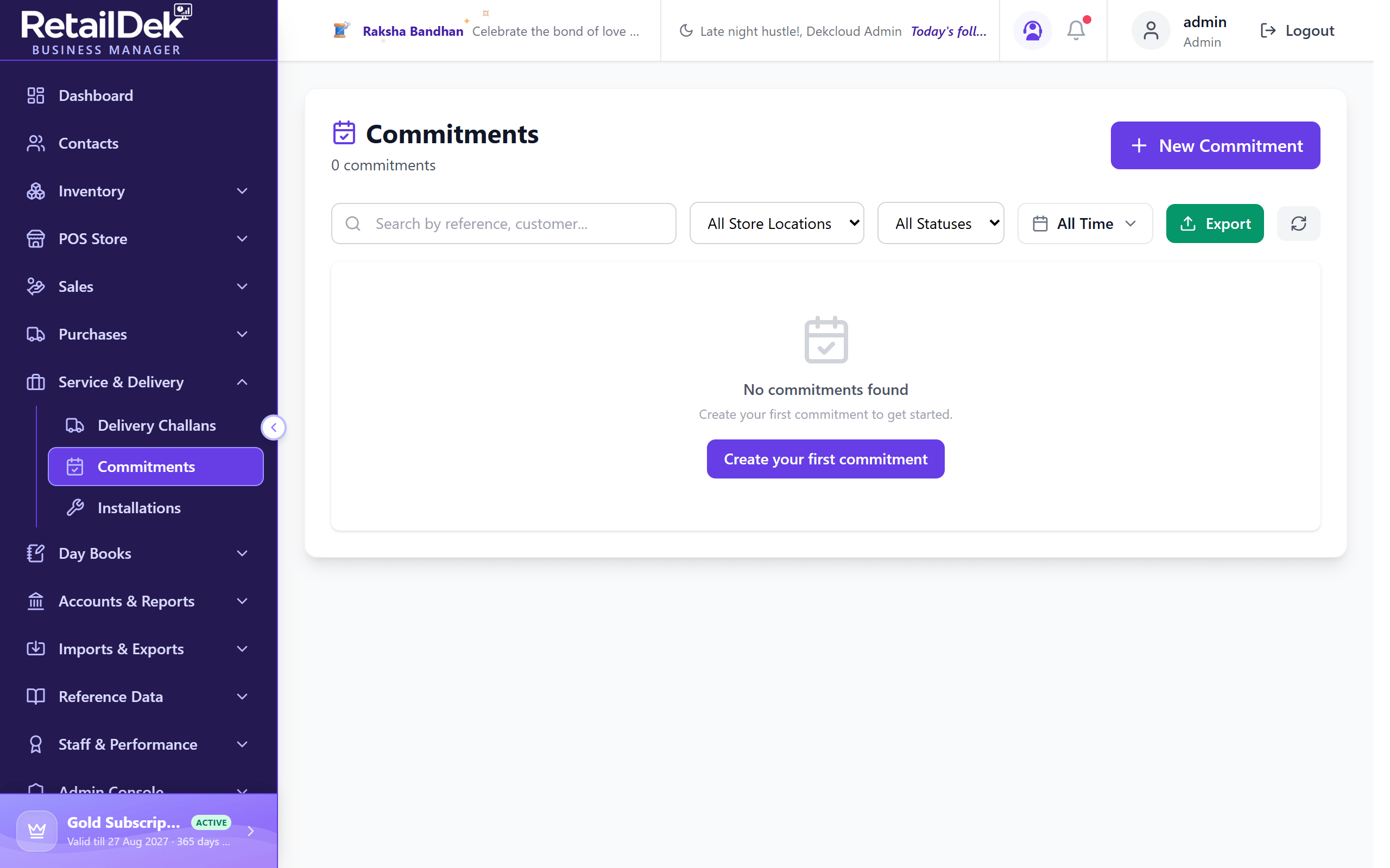 The Commitments list with search, store, status, and date filters, and columns for date, source, task pills, technician, store, and status.