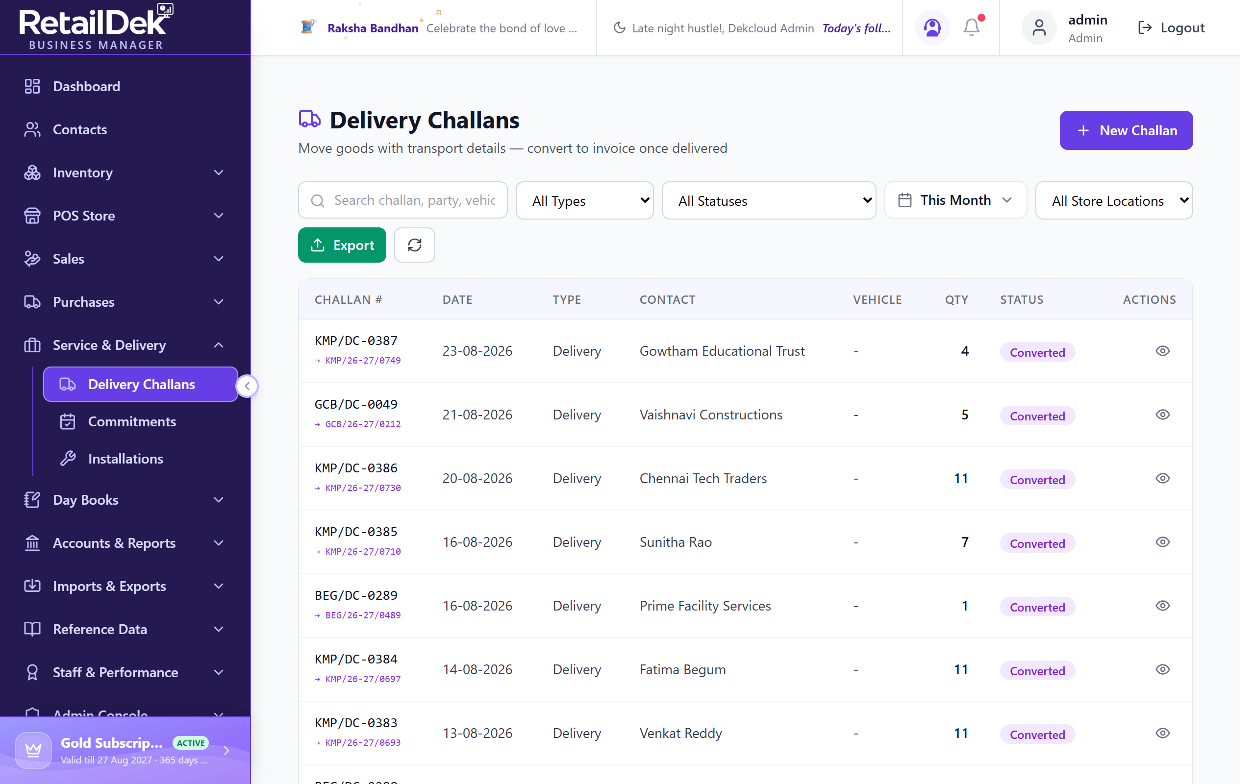 The Delivery Challans list with search, type, status, date, and store filters, and columns for challan number, date, type, contact, vehicle, quantity, and status.