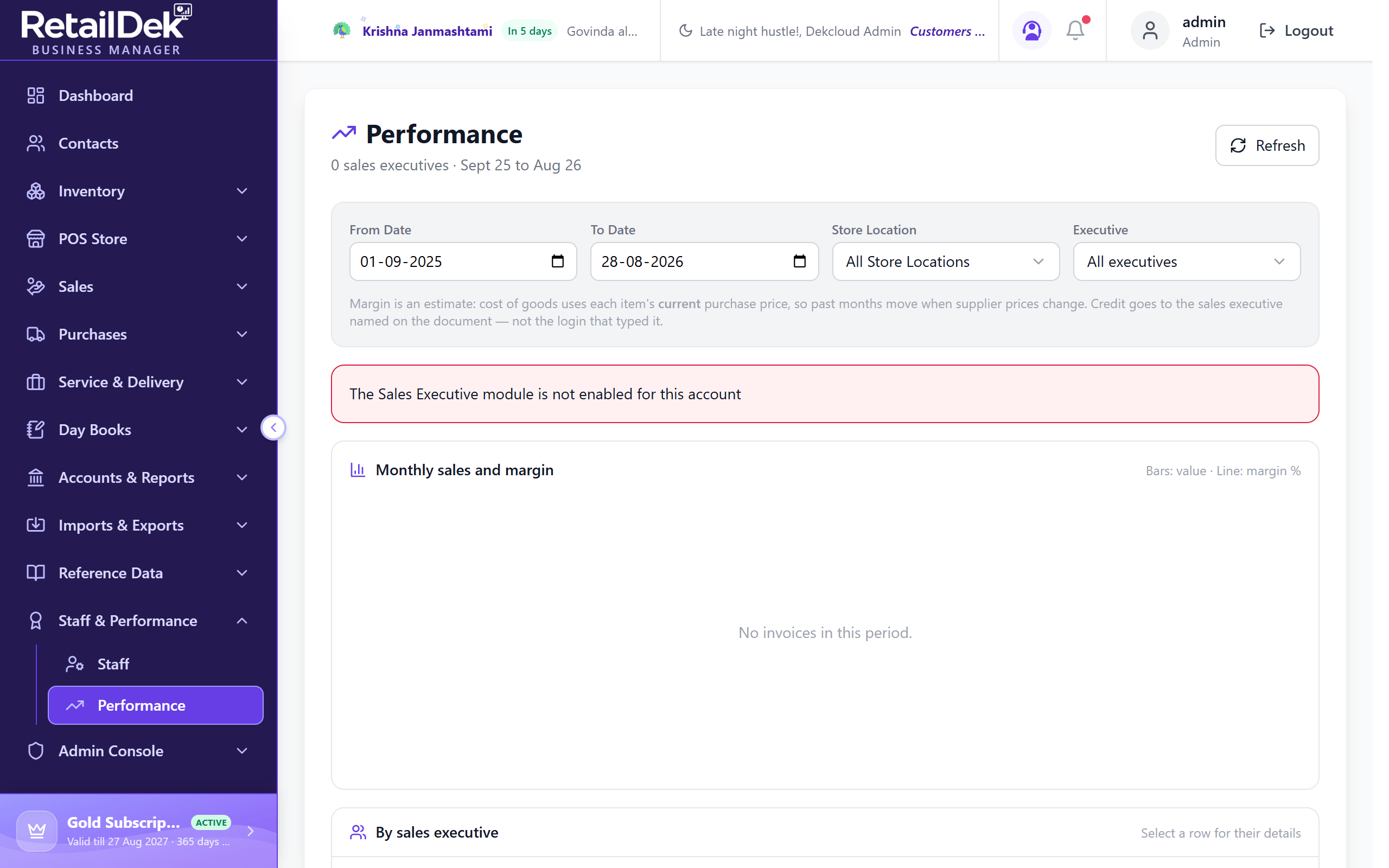 The Performance screen with a dual-axis chart of invoiced value and margin percent, filters for period, store, and executive, and the per-executive table.