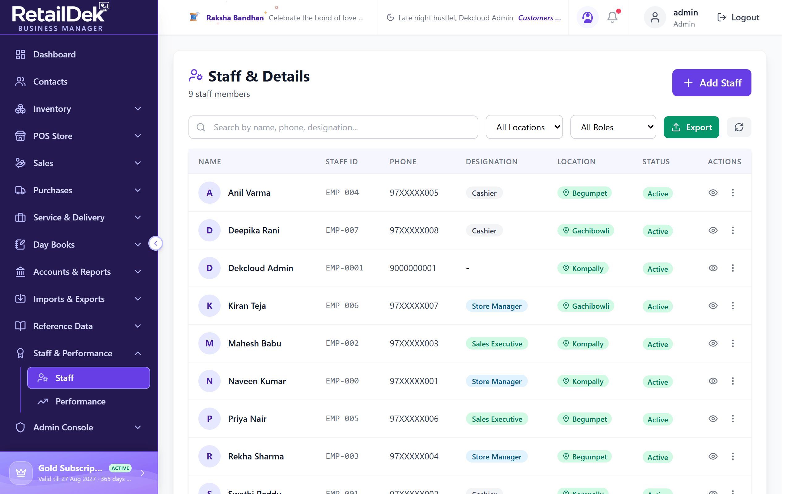 The Staff & Details screen with search, designation and store filters, and the staff table.